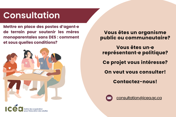 Consultation sur la mise en place de postes d’agent·es de terrain pour soutenir les mères monoparentales sans DES